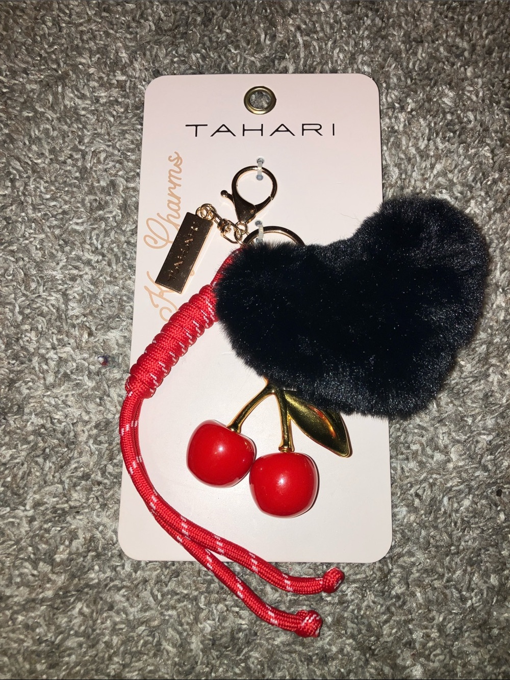Tahari Black Heart & Red Cherry Charm Keyring with Gold Hardware